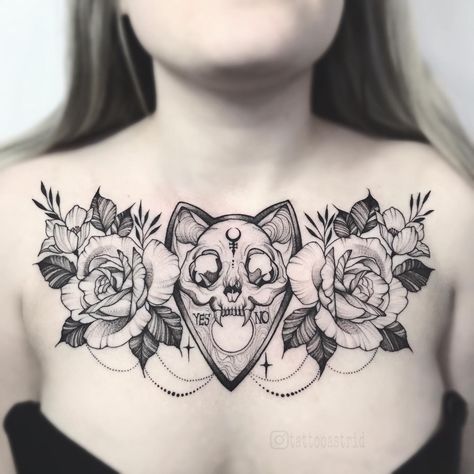 Chest Neck Tattoo, Cat Skull Tattoo, Witchcraft Tattoos, Bone Tattoos, Wicked Tattoos, Witch Tattoo, Skeleton Tattoos, Chest Tattoos For Women, Chest Piece Tattoos