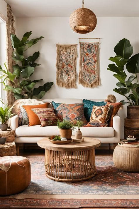 Muted Boho Living Room, Bohemian Style House Interior Design, Peach Boho Living Room, Warm Tone Living Room Decor, Living Room Inspo Bohemian, Elevated Boho Living Room, Colourful Boho Decor, Bohiem Living Room, Earthy Living Room Decor Ideas