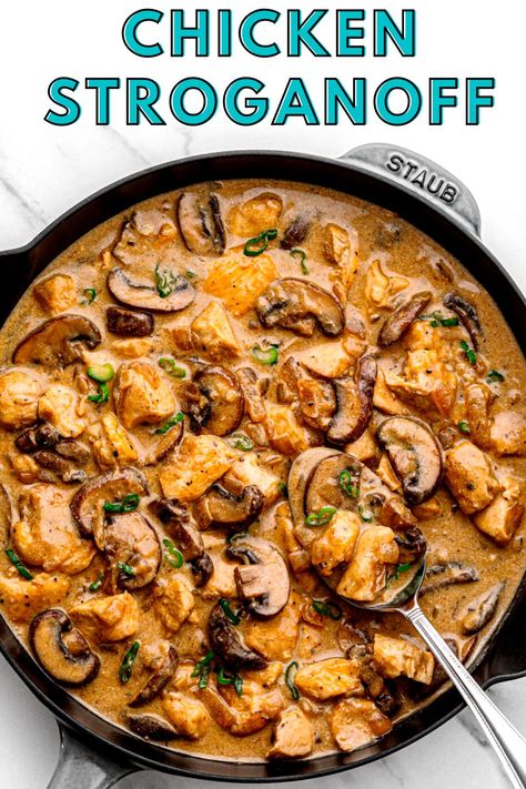 Satisfy your cravings with this irresistible Chicken Stroganoff recipe! This creamy and flavorful dish features tender chicken strips cooked to perfection in a rich sauce, served over a bed of fluffy egg noodles. Indulge in a comforting meal that will leave you wanting more. Buffalo Chicken Stroganoff, Easy Chicken Stroganoff 12 Tomatoes, Chicken Stroganoff Crock Pot, Chicken Strip Dinner Ideas, Crockpot Stroganoff, Stroganoff Recipe Easy, Easy Chicken Stroganoff Recipe, Chicken Mushroom Stroganoff, Creamy Chicken Stroganoff