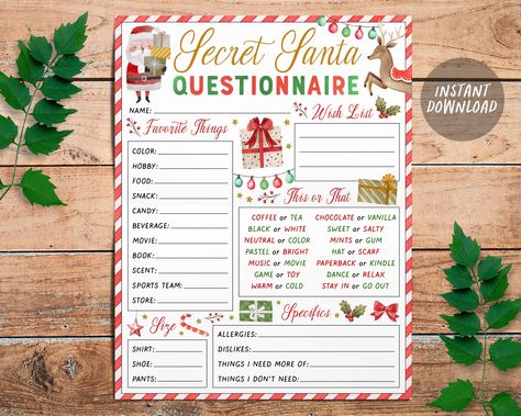 Gift Exchange Questionnaire, Gift Exchange Form, Santa Questionnaire, Wishlist Printable, Vanilla Drinks, Secret Santa Questionnaire, Secret Santa Gift Exchange, Elves Gift, Christmas Gift Exchange