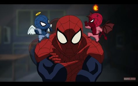 Spidey angel and devil! Animated Spider, Spiderman Cartoon, Ultimate Spider Man, Randy Cunningham, Ghost In The Machine, Tv Tropes, Ultimate Spiderman, Disney Xd, Man Movies