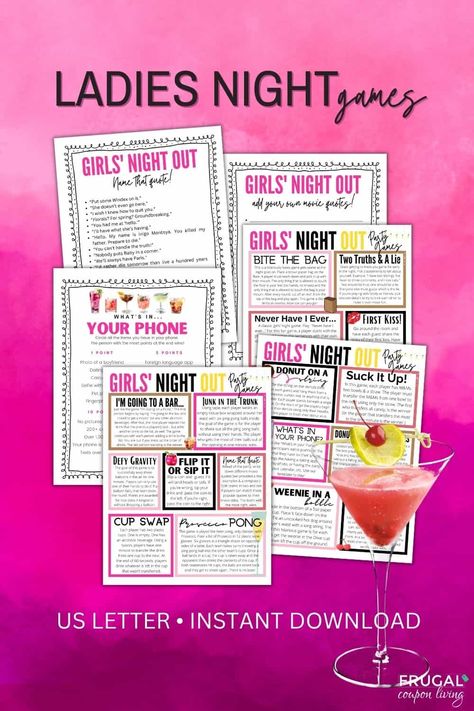 Liven up your ladies night with these 17 Fun Girls' Night Games. Bring laughter, friendly competition & great memories with hilarious party games for the ladies. These fun ladies' night games serve as the perfect icebreakers, encouraging guests to mingle, bond, share jokes, and engage in light-hearted competition. Download these girls' night games printable today including what's in your phone, name that movie quote and more. #FrugalCouponLiving Ladies Night Games Free Printable, Ladies Sleepover Ideas, Adult Pj Party Ideas, Game Night Birthday Party Ideas, Adult Game Night Ideas, Hilarious Party Games, Ladies Night Games, Work Party Games, Party Games Group