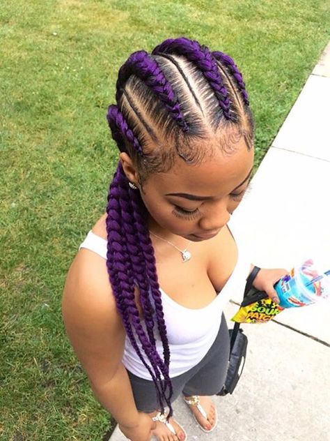 Purple Cornrows, Feed In Braids Cornrows, Hairstyles Purple, Afro Hair Color, Long Cornrows, Girl With Purple Hair, Feed In Braids, Purple Braids, Braids Cornrows