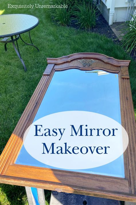 Easy Mirror Makeover Diy Distressed Mirror Frame, Mirror Repurpose Upcycling, White Wash Mirror Frame Diy, Upcyle Mirror, Refinish Mirror Frame Ideas, Update A Mirror Frame, Painted Wood Mirror Frame, Spray Painting Mirror Frame, Cottage Mirror Ideas