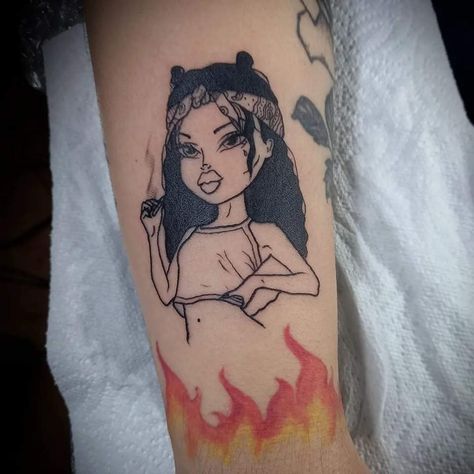 Tatto flamas bratz Brats Tattoo Design, Bratz Dolls Tattoos, Bratz Tattoo Idea, Bratz Doll Tattoo Ideas, Bratz Doll Tattoo, Brats Tattoo, Bratz Tattoo Design, Rasta Tattoo, Bratz Tattoo