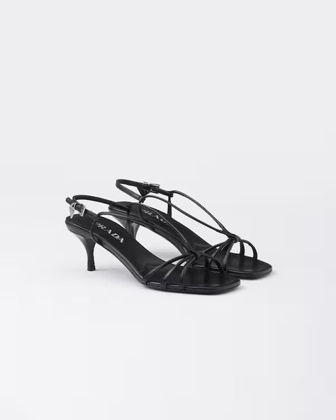 Black Heeled Leather Sandals | PRADA Prada Heels, Prada Sandals, Latest Sandal, Lettering Logo, Leather Heels Sandals, Prada Leather, Airport Fashion, Leather Sandals Women, Wedge Heel Sandals