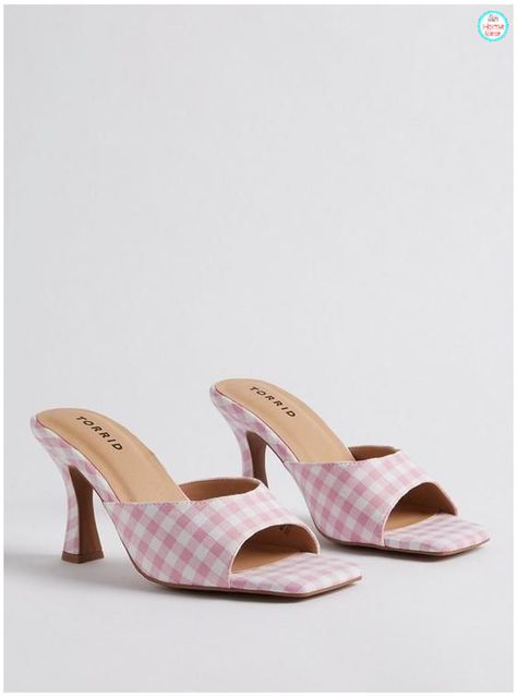 Gingham Shoes, Wide Width Heels, Pink Mules, Unique Fits, Chic Shoes, Fitted Wedding Dress, Wooden Heel, Gingham Print, Peep Toe Heels