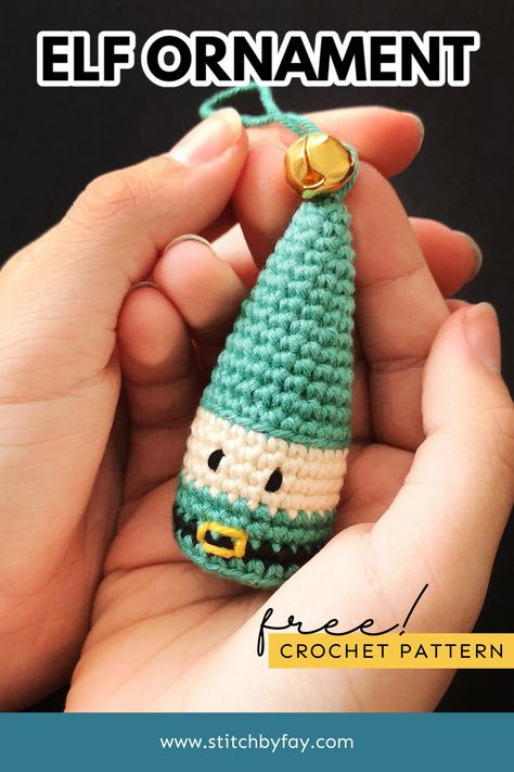 Green elf ornament with pointed hat and gold bell being held in cupped hands. Ornament Crochet Pattern, Crochet Elf, Holiday Crochet Patterns, Ornament Crochet, Mini Christmas Stockings, Crochet Knit Sweater, Crochet Ornament Patterns, Penguin Ornaments, Sweater Ideas