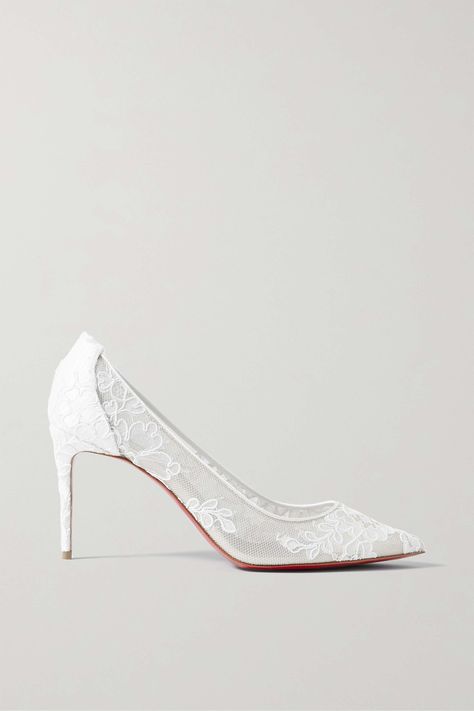 Christian Louboutin Bridal Shoes, Louboutin Wedding Heels, Christian Louboutin Shoes Pumps, Dramatic Gown, White Lace Heels, Louboutin Wedding Shoes, Classic Wedding Shoes, Bridal Pumps, Designer Wedding Shoes