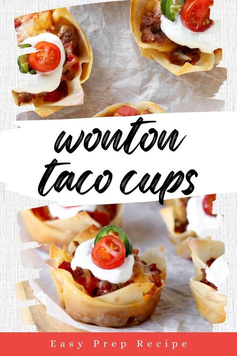 The perfect appetizer or fun twist on taco night. Seasoned beef, melty cheese and crispy wontons baked and piled high with your favorite taco toppings! Taco Bites Appetizers, Appetizers Wonton, Wonton Taco Cups, Crispy Wontons, Baked Wontons, Wonton Tacos, Taco Bites, Taco Toppings, Impressive Appetizers