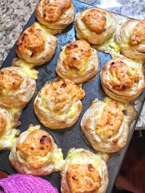 Cheesy Egg Breakfast Biscuits The Tipsy Housewife, Tipsy Housewife, Egg Biscuits, Morning Meals, Cheesy Eggs, Easy To Make Breakfast, Breakfast Biscuits, Canned Biscuits, Cat Towers