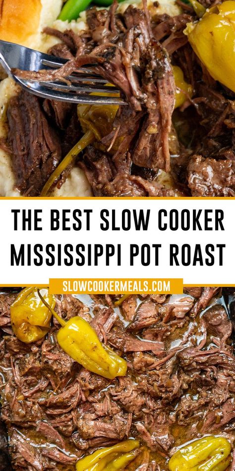 Close up of Mississippi pot roast on a fork over more pot roast. Roast With Pepperoncini, Slow Cooker Mississippi Pot Roast, Mississippi Roast Recipe, Crockpot Pot Roast, Crockpot Roast Recipes, Pot Roast Crock Pot Recipes, Easy Pot Roast, Mississippi Pot, Best Pot Roast