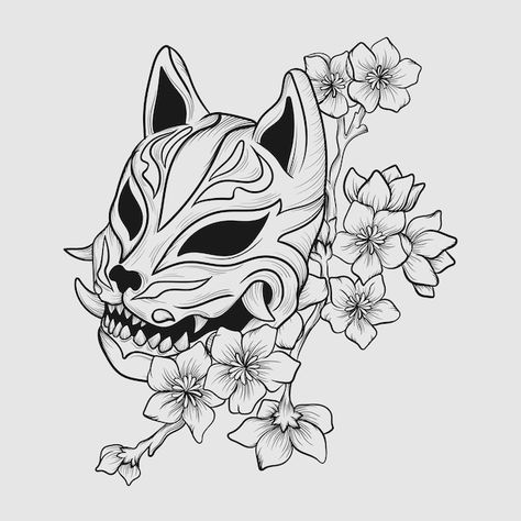 Japan Mask Art, Xiao Polearm, Hannya Mask Tattoo Design Black And Grey, Omi Mask Tattoo, Japanese Traditional Tattoo Design, Kitsune Mask Tattoo Design, Kitsune Mask Drawing, Japanese Mask Art, Oni Mask Tattoo Design Ideas