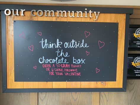 Valentines Day Chick-Fil-A community board for the month of February Chick Fil A Valentines Day, Month Of February, Community Boards, Sign Board, Chick Fil A, Chocolate Box, Community Board, Chalkboard, Valentines Day