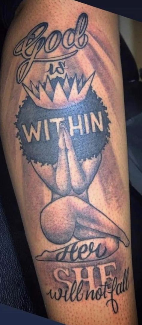 Kneeling Tattoo, Tattoo Ideas Leg Female Thigh Piece, Biblical Tattoos Black Women, Faith Tattoo Black Women, Inspirational Thigh Tattoos For Women, Melanin Tattoo For Women, Black Spiritual Tattoos For Women Goddesses, Bible Scripture Tattoos Black Woman, Black Women Spiritual Tattoos