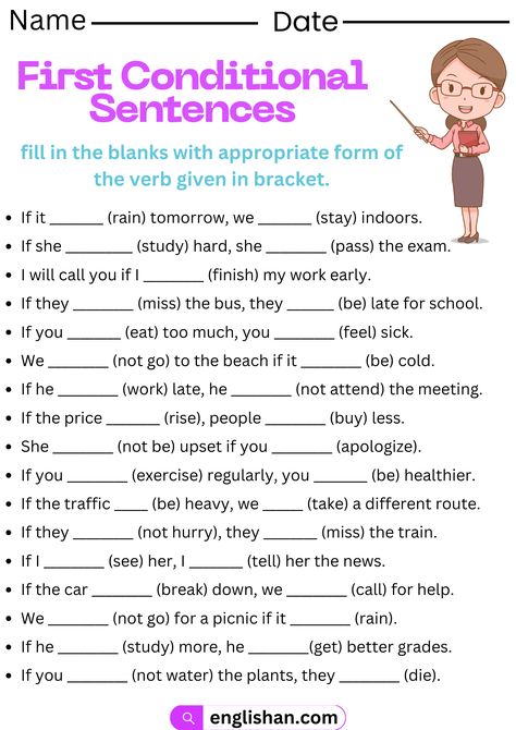First Conditional Worksheet, First Conditional, Conditional Sentences, Late For School, Surprise Visit, Winning The Lottery, Feeling Sick, Study Hard, Alarm Set