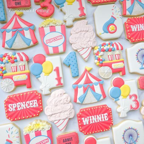 First Birthday Carnival Circus Themed Custom Decorated Sugar Cookies Carnival Theme Cookies, Come One Come All First Birthday, First Birthday Circus Theme, Circus First Birthday, Circus Cookies, Circus 1st Birthdays, Royal Icing Sugar, Kids Carnival, Kids Themed Birthday Parties