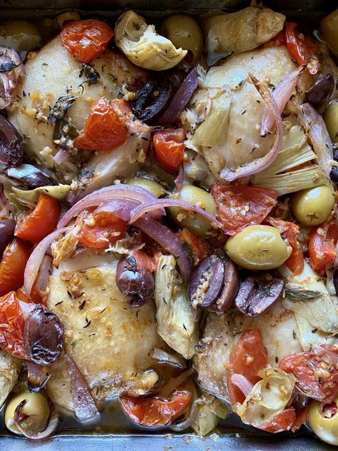 Chicken Olives Recipe, Recipes With Kalamata Olives, Kalamata Olive Recipes, Roast Pan, Food Mediterranean, Roasted Chicken Salad, Chicken Entree, Hungry Happens, Greek Foods