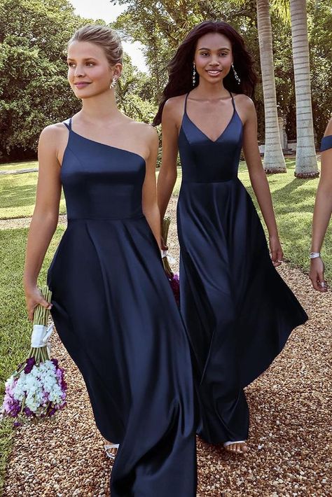 Breathtaking Navy Bridesmaid Dresses ★ #bridalgown #weddingdress Dark Blue Wedding, Navy Blue Bridesmaids, Bridesmaid Dresses Satin, Navy Bridesmaids, Bridesmaid Dresses Uk, Navy Blue Bridesmaid Dresses, Mismatched Bridesmaids, Wedding Dress Guide, Blue Bridesmaid Dress