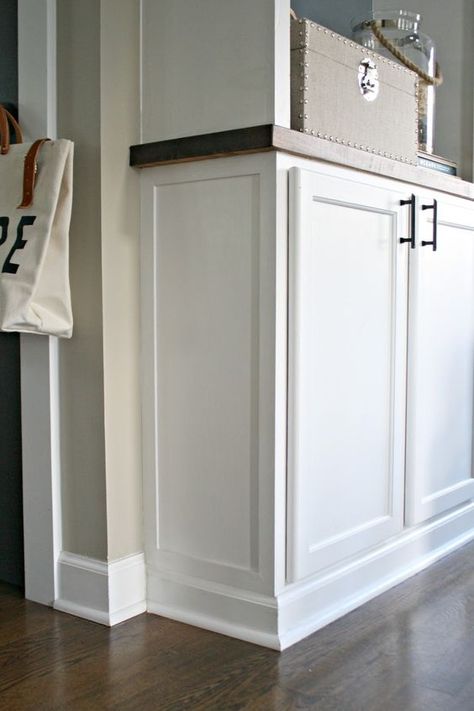 12” Base Cabinet, Build Base Cabinets, Slim Built In Cabinet, How To Build An Upper Cabinet, Make Your Own Cabinets, Cabinet Base Trim Ideas, Diy Cabinet Base, Building Cabinets Diy, Basement Cabinet Ideas Storage