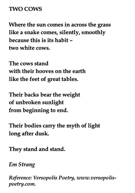 Em Strang, Two Cows💞🌍🌎🌏💞Reference: Versopolis Poetry, www. versopolis- poetry. com. If you think copyright is broken in this pin, please get in touch and it will either be removed or a citation will be added as required. Thanks for reading. Cows Reference, Extended Metaphor, Two Cows, Storytelling, You Think, Thinking Of You, Poetry, Magazine, Reading