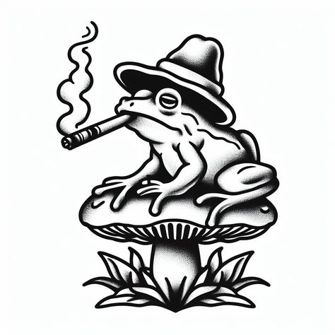 American Traditional Frog Tattoo Black, Frog Sitting On Mushroom Tattoo, Neo Traditional Frog, American Traditional Mushroom, Frog Mushroom Tattoo, Traditional Mushroom Tattoo, American Traditional Tattoos Black And White, Frog Flash Tattoo, Hongo Tattoo