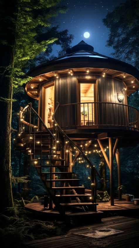 Wooden tree house design in the forest - sustainable tree house, warm lights , tree house architecture Tree House Architecture, Treehouse Aesthetic, Backyard Quail, Forest Tree House, Wooden Tree House, House In The Forest, House Aesthetics, Cozy Houses, Tree House Designs