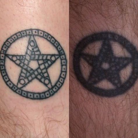 Tattoo Ageing, Blowout Tattoo, Tattoo Aging, Goth Tattoo Ideas, Tattoo Fixes, Gold Henna, Healed Tattoo, Goth Tattoo, Religious Tattoos