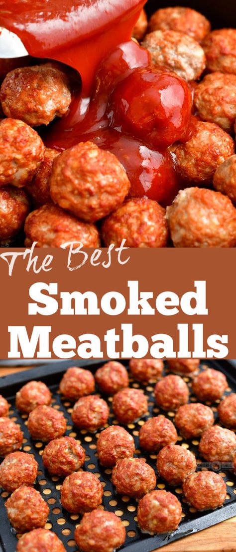 Bbq Sauce Meatballs, Meatballs With Bbq Sauce, Smoked Bbq Sauce, Smoked Meatballs, Ground Pork Meatballs, Pellet Smoker Recipes, Ground Pork Recipes, Smoked Bbq, Gourmet Appetizers