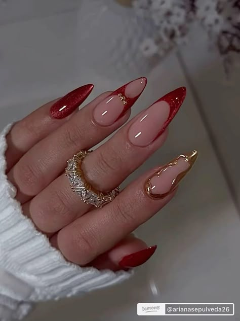 Red Ethereal Nails, Red And Gold Nails Simple, Red Design Nails Acrylic, Spanish Nails Designs, Red Festive Nails, Almond Nails Orange, Red And Gold Nails, December Nails, Almond Nails Designs