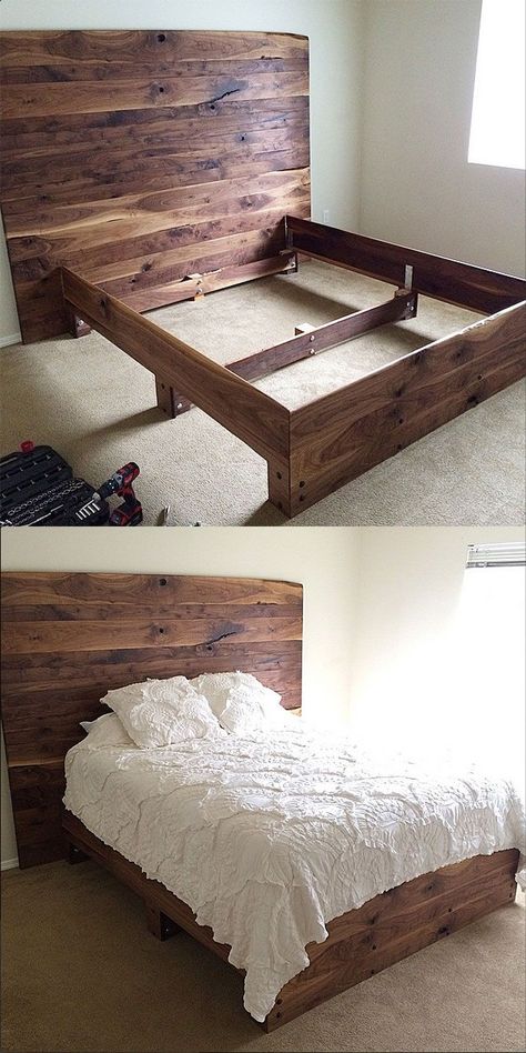 Farmhouse Queen Beds, Rustic Headboards, Walnut Headboard, Bed Inspiration, Apartemen Studio, Head Boards, Walnut Bed, Diy Platform Bed, Diy Bed Frame