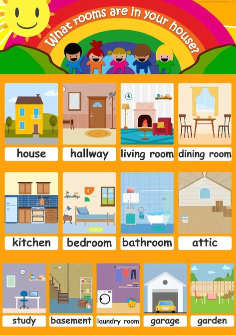 House Flashcards for kindergarten & homeschool Rooms Of The House Flashcards, House Worksheets For Kids, Parts Of The House Flashcards, House Flashcards, Flashcards For Kindergarten, Writing Practice Preschool, Free Kids Books, Esl Vocabulary, Casa Halloween