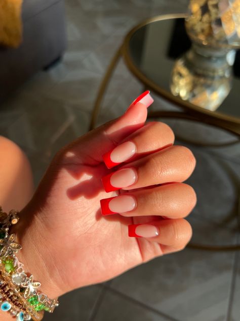 Nails Red French Tip, Nails Red French, Sqaure Nails, Red Tip Nails, Short Red Nails, Ongles Gel French, Red French Tip, Christmas Nail Ideas, Red Acrylic Nails