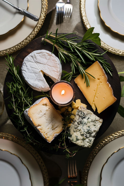 Cheese board with various cheeses, fresh herbs, and a lit candle on a dark wooden board surrounded by elegant dinner plates. Charcuterie Board Aesthetic Picnic, Spring Cheese Board, Cheese Board Aesthetic, Simple Cheese Platter, Cheese Platter Board, Plant Swap, Platter Board, Antipasto Platter, Board Aesthetic