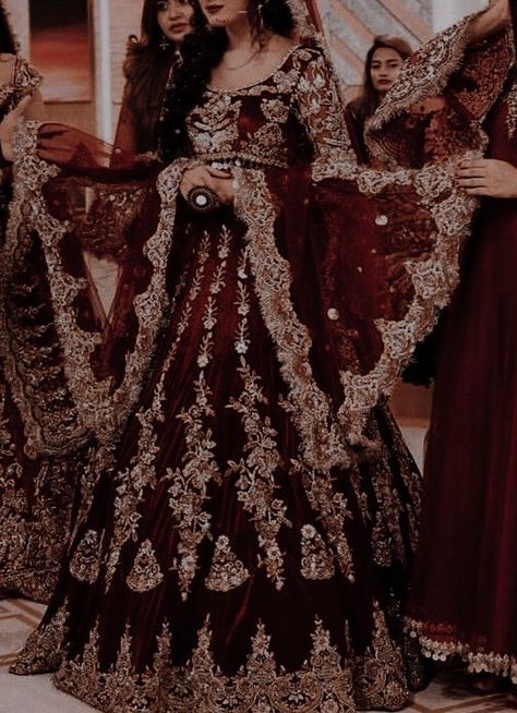 Maroon Desi Wedding Dress, Burgundy Bridal Dress, Ruksati Dress, Dark Red Indian Wedding Dress, Desi Bridal Dresses, Traditional Indian Wedding Dress, Nepali Wedding, Sari Wedding, Red Bridal Dress