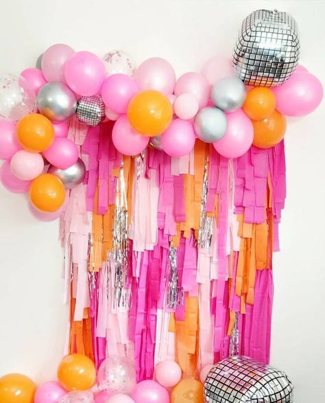 Pink And Orange Disco Bachelorette, Pink And Orange Pool Party, Orange And Pink Disco Party, Pink Orange Grad Party, Pink And Orange Backdrop, Fringe Backdrop With Balloons, Pink And Orange Party Decor, Orange And Pink Disco, 70s Backdrop