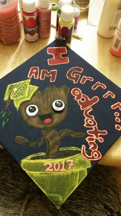 I am Groot I am Graduating grad cap college #homemade Groot Graduation Cap, Grad Cap College, Diy Graduation Cap, Diy Graduation, Grad Caps, I Am Groot, Cap Ideas, Graduation Caps, Graduation Diy