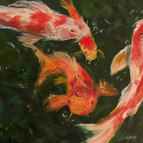 Koi Fish Digital Art, Koi Pond Painting, Laptop Drawing, Koi Fish Painting, Coy Fish, Koi Painting, Flower Paint, Inktober 2024, Pond Painting