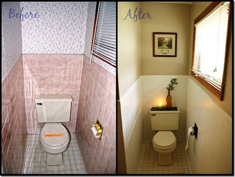 How to paint over ugly old tile. This is a must-have tutorial to have on hand if we get a fixer-upper =) Makeover Kamar Mandi, Painting Bathroom Tiles, Deco Retro, Big Bathrooms, Bathroom Update, Bathroom Redo, Bathroom Wall Tile, Bath Room, After Photos