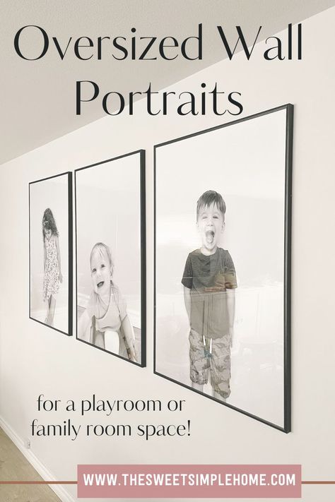 Photo Wall Large Frames, Black And White Big Photo Frame Wall, Self Portrait Wall Decor, Pictures On Large Wall, Family Photo Prints On Wall, Oversized Portrait Wall Art, Large Family Photo Frame, Photo Wall Simple, Family Photos House Decor