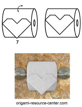 Toilet Paper Origami Heart | Fancy Toilet Paper Patterns to Impress Guests Origami Heart Instructions, Toilet Paper Origami, Toilet Paper Art, Origami Diagrams, Origami Models, Toilet Paper Crafts, Origami Fish, Paper Origami, Origami Heart