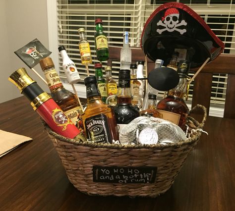 Pirate themed liquor basket Pirate Theme Gift Basket, Rum Gift Basket Ideas, Alcohol Basket Ideas For Raffle, Alcohol Baskets Ideas, Liquor Basket, Alcohol Basket, You've Been Boozed, Alcohol Gift Baskets, Auction Gift Basket Ideas