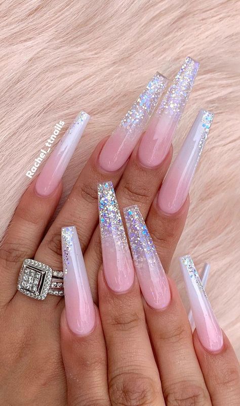 48. Ombre Pink & Glitter Nails Give everyone nail envy with this idea! These nails are sparkly, elegant and will make you stand out... Sparkly Acrylic Nails, June Nails, Stylish Nail Art, Pink Glitter Nails, Pink Ombre Nails, Long Acrylic Nail Designs, Ombre Nails Glitter, Ombre Acrylic Nails, Ombre Pink