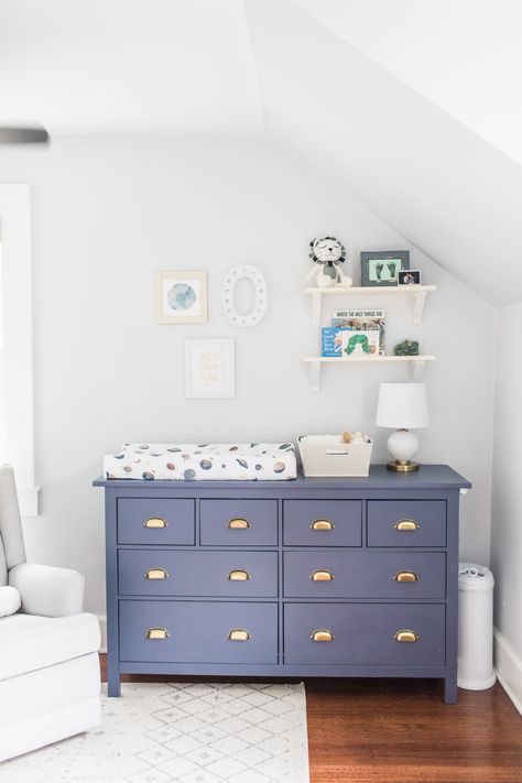 Nursery With Blue Dresser, Navy Blue Dresser Nursery, Blue Nursery Dresser, Navy Dresser Nursery, Blue Dresser Nursery, Baby Boy Dresser, Blue Dresser Bedroom, Boys Dressers, Celestial Nursery