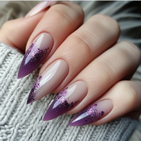 Purple Stiletto Nails, Dark Purple Nails, Stiletto Nails Short, Purple Ombre Nails, Fancy Nails Designs, Ombre Acrylic Nails, Her Nails, Nail Style, Fancy Nails