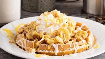 Banana Pudding Waffles, Banana Pudding Waffle Bowls, Banana Pudding Stuffed Waffle Cones, Caramelized Peaches, Waffle Shop, Waffle Bowl, Breakfast Restaurant, Banana Waffles, Chicken Waffles