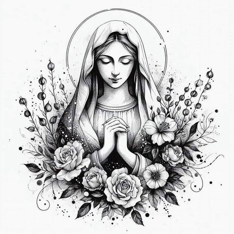 Mother Mary Tattoo For Women, Mary And Jesus Tattoo, Simple Virgin Mary Tattoo, Mary Magdalene Tattoo, Hail Mary Tattoo, Mother Mary Drawing, Blessed Mother Tattoo, San Benito Tattoo, Our Lady Of Guadalupe Tattoo