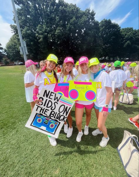 #rush #newbidsontheblock #southern #sorority #bidday 80s Sorority Theme, New Bids On The Block Bid Day, New Bids On The Block, Sorority Rush Themes, Sorority Themes, Recruitment Ideas, Rush Week, Bid Day Themes, Sorority Recruitment