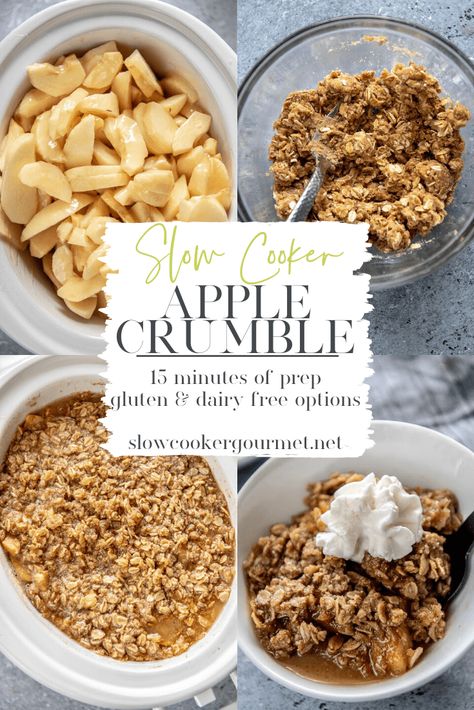 A delicious dessert, no oven required! Naturally gluten-free + dairy free option! Simply add everything to the slow cooker for a simple yet amazing apple crumble that's perfect for everyone. Dairy Free Crockpot Dessert, Dairy Free Apple Crisp, Slow Cooker Apple Cobbler, Gluten Free Slow Cooker Recipes, Gluten Free Apple Crumble, Slow Cooker Apple Crisp, Crockpot Apple Crisp, Easy Apple Crumble, Gluten Free Crock Pot Recipes