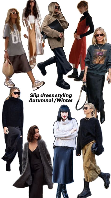 Slip dress with cardigan for colder weather cozy warm outfit syling White Slip Dress Outfit Winter, How To Style Slip Dress Winter, Slip Dress Fall Outfit, Slip Dress With Cardigan, White Slip Dress Outfit, Colder Weather Outfits, Slip Dress Outfit Fall, Slip Dress Outfit Winter, Slip Dress Styling